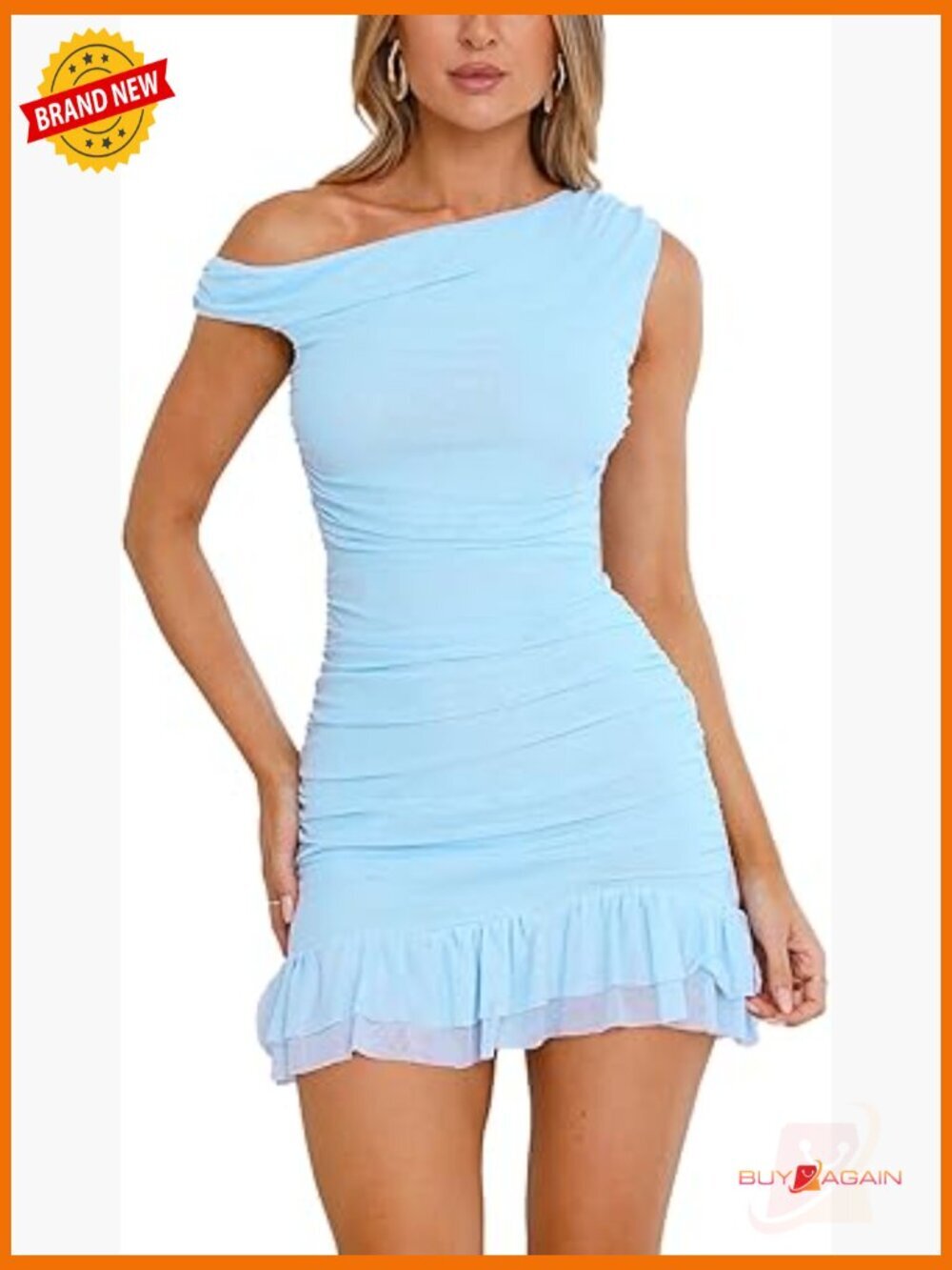 Off Shoulder Bodycon Mini Dress Sleeveless Ruched Mesh Ruffle Hem
